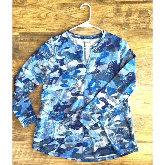 LOGO Lounge Blue Abstract Print Top Size XS Long Sleeves Pockets Athleisure - Picture 2 of 9